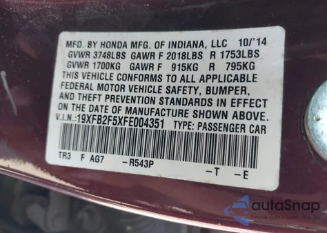 2015 Honda Civic Lx from USA, damaged, VIN 19XFB2F5XFE004351